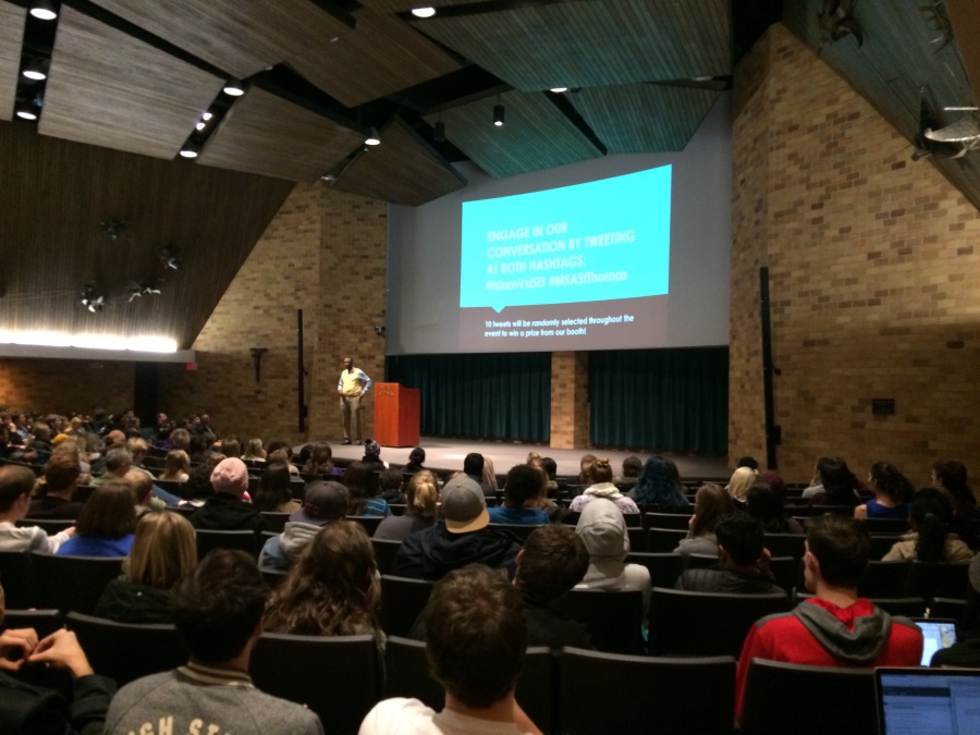 Jaylani Hussein speaks to students at the University of St. Thomas